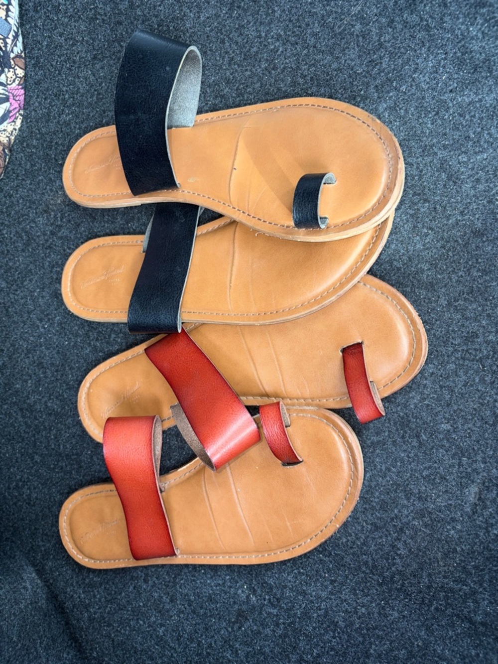 Universal Thread Tan Leather Slide Sandals with Black and Red Straps